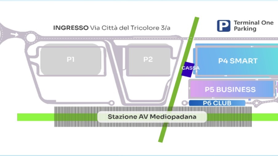 Vista satellitare dei parcheggi P4, P5 e P6 della Stazione AV Mediopadana di Reggio Emilia, evidenziati in verde